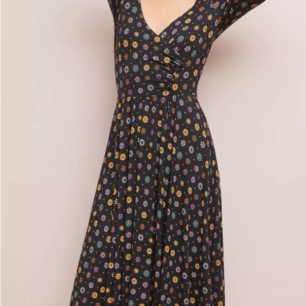 Anthropologie Maeve V-Neck Wrap Dress Black and Yellow Medium